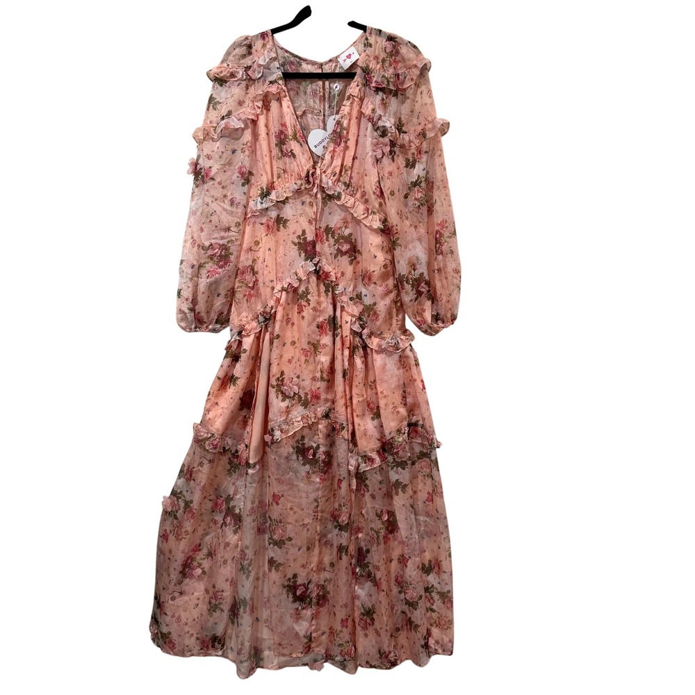 BuddyLove Pia Maxi Dress Peach Rose Floral Ruffle 3D Flower Long Sleeve S NEW